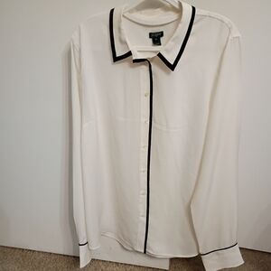 J. Crew Sheer  White Blouse with Black Trim Size XL
